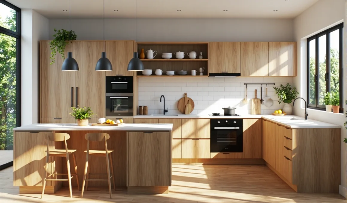 Nowoczesne meble kuchenne dąb naturalny z wyspą i białym blatem