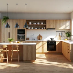 Nowoczesne meble kuchenne dąb naturalny z wyspą i białym blatem