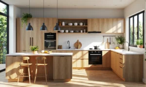 Nowoczesne meble kuchenne dąb naturalny z wyspą i białym blatem