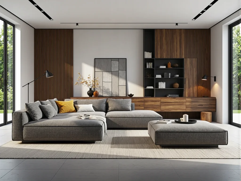 Nowoczesna meblościanka orzech z otwartymi półkami i szufladami