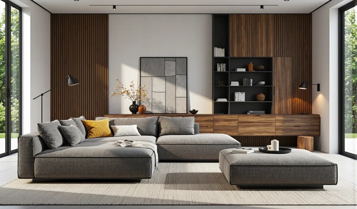 Nowoczesna meblościanka orzech z otwartymi półkami i szufladami