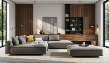 Nowoczesna meblościanka orzech z otwartymi półkami i szufladami