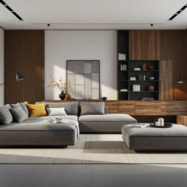 Nowoczesna meblościanka orzech z otwartymi półkami i szufladami