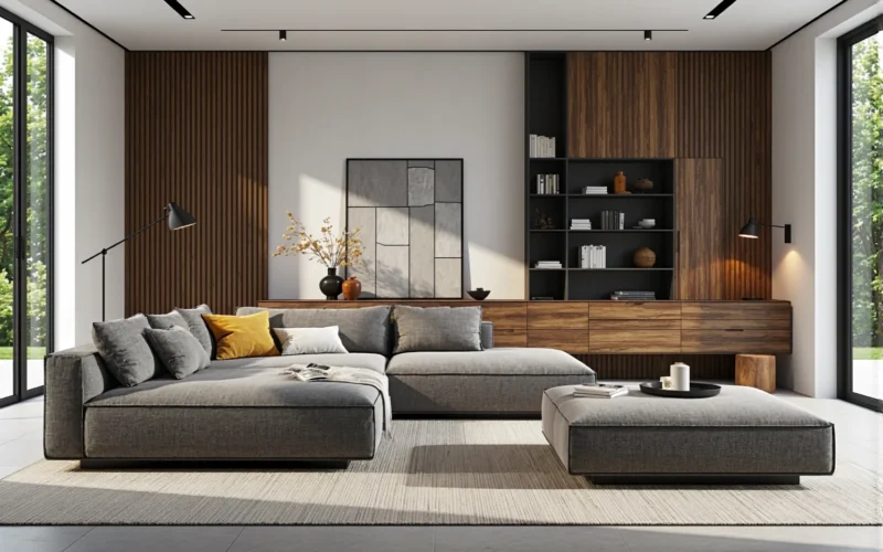 Nowoczesna meblościanka orzech z otwartymi półkami i szufladami