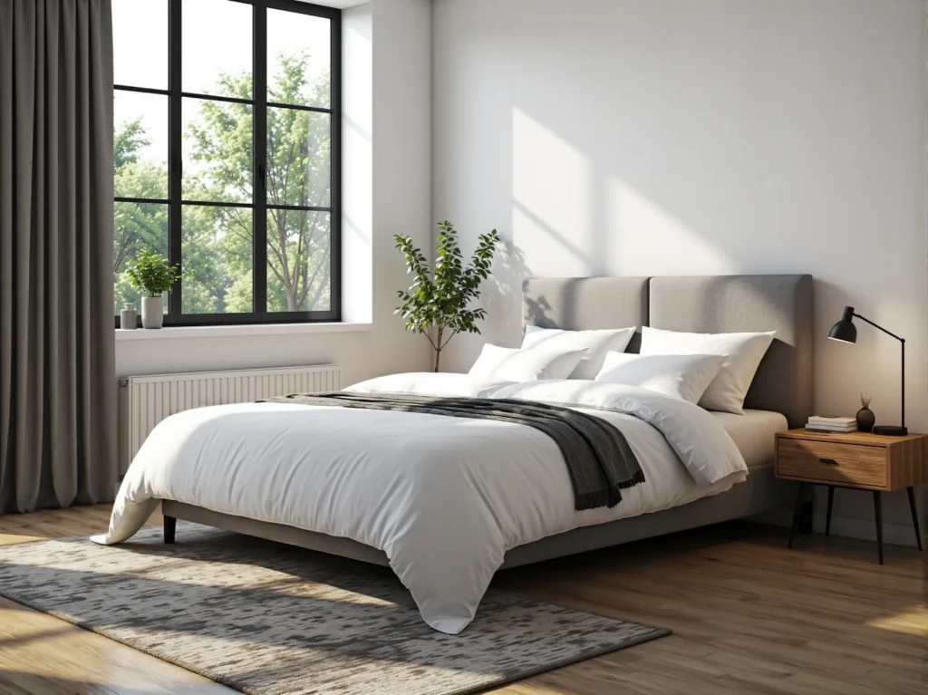 Materac termoelastyczny na tapicerowanym łóżku z szarym zagłówkiem