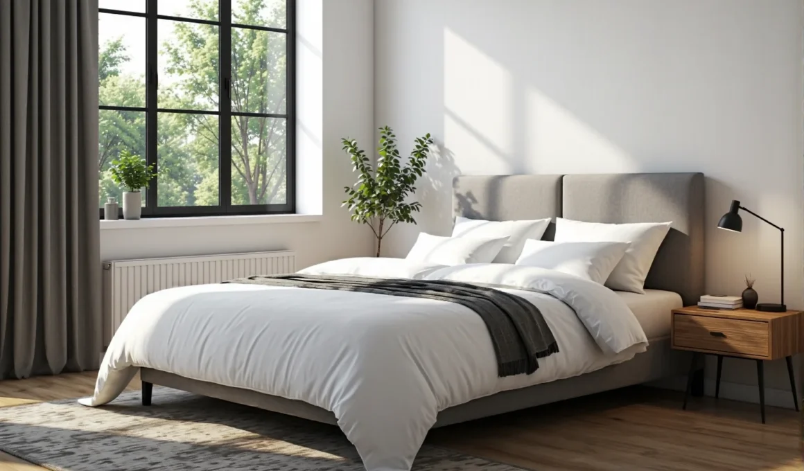 Materac termoelastyczny na tapicerowanym łóżku z szarym zagłówkiem