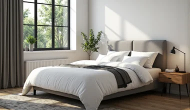 Materac termoelastyczny na tapicerowanym łóżku z szarym zagłówkiem