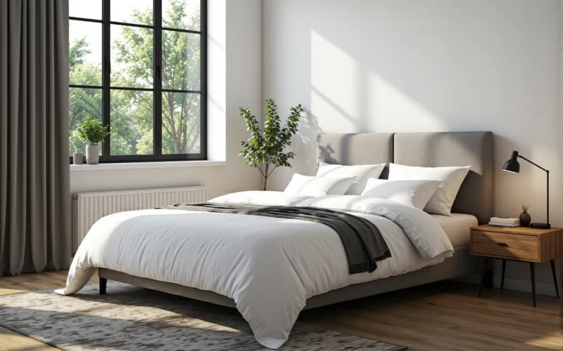 Materac termoelastyczny na tapicerowanym łóżku z szarym zagłówkiem