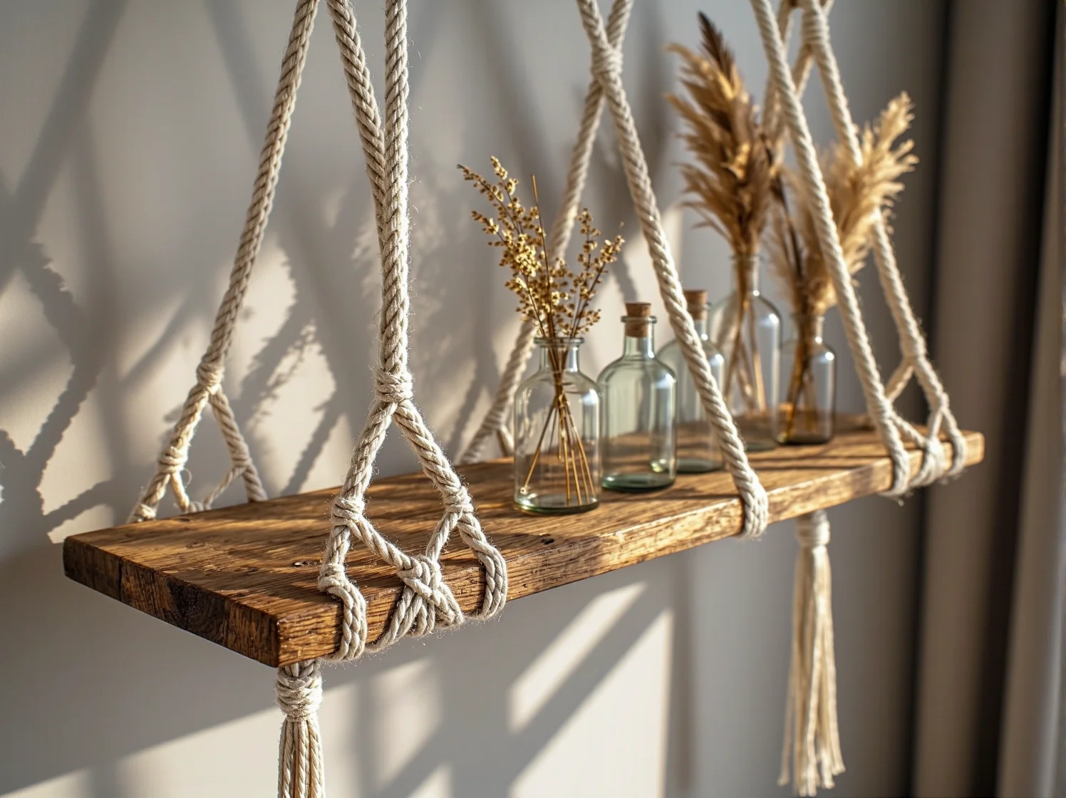 Materiały do DIY: drewniana deska, bawełniany sznurek i nożyczki potrzebne do zrobienia półki boho.