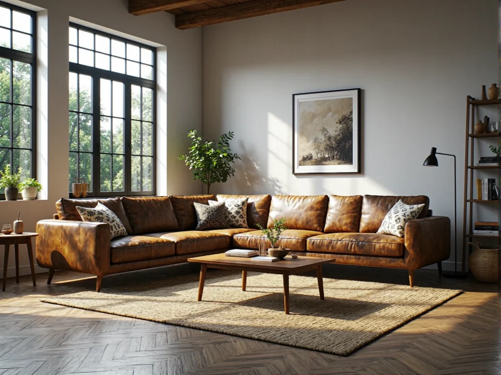 Narożna sofa skórzana brązowa w stylu vintage z poduszkami