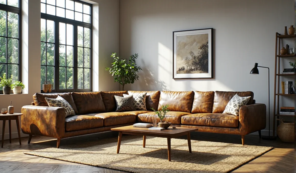 Narożna sofa skórzana brązowa w stylu vintage z poduszkami