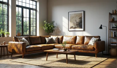 Narożna sofa skórzana brązowa w stylu vintage z poduszkami