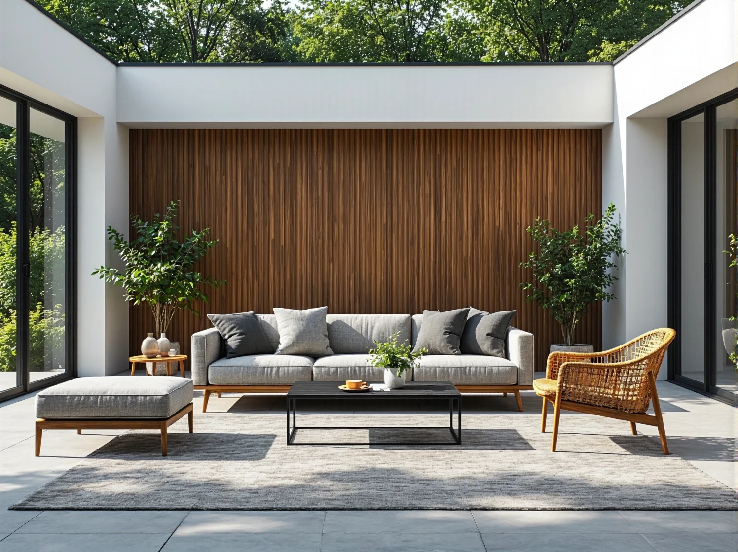 Mały ogród prowansalski z białymi meblami z kutego żelaza i klimatycznym światłem.