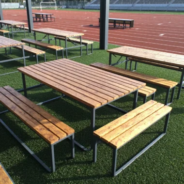 Zestaw mebli ogrodowych stół z ławkami drewno i metal