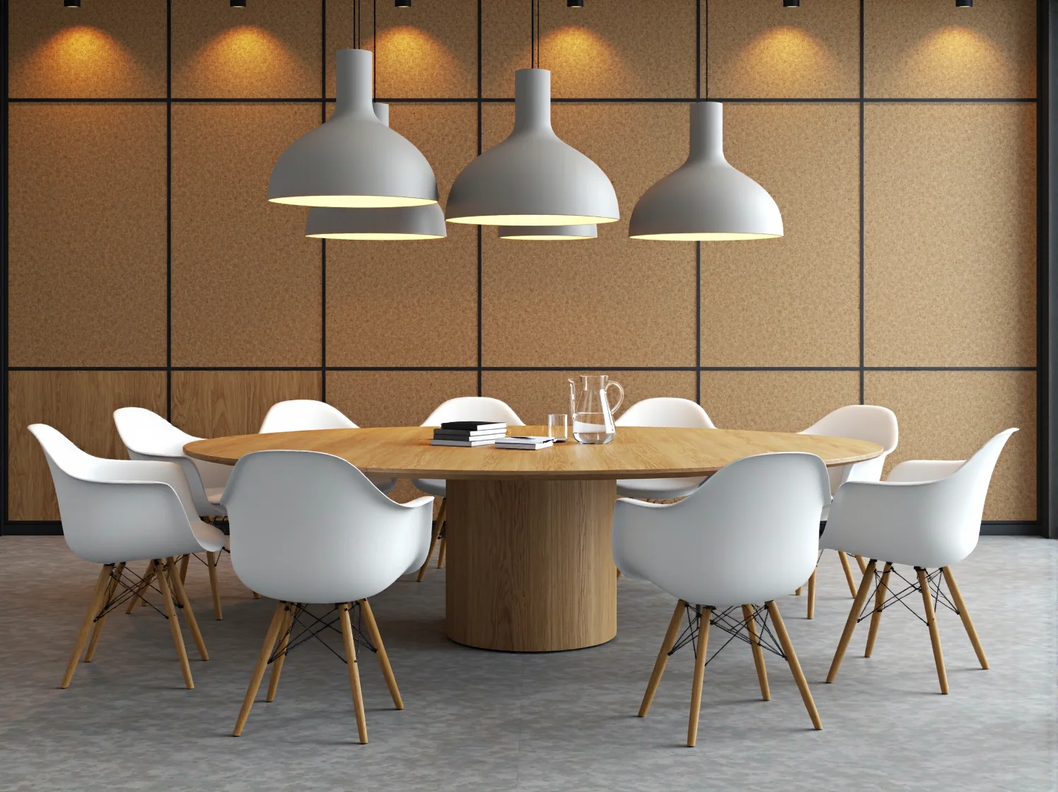 Meble skandynawskie do biura – minimalistyczny stół konferencyjny i wygodne krzesła.