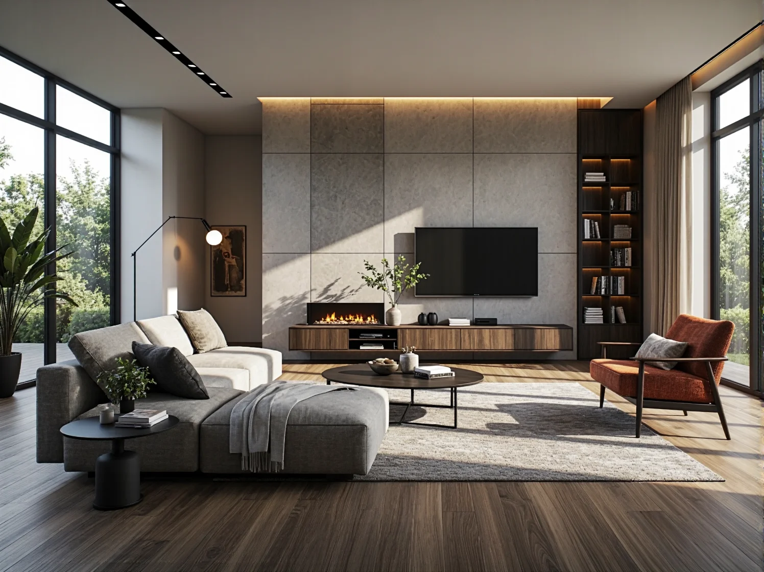 Minimalistyczne łóżko z wbudowanymi listwami LED i nowoczesnym designem.