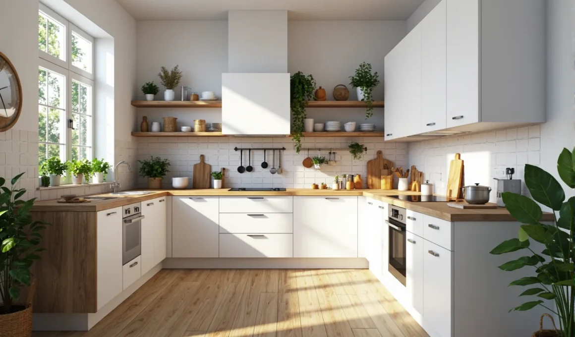 Białe meble kuchenne z drewnianym blatem i otwartymi półkami