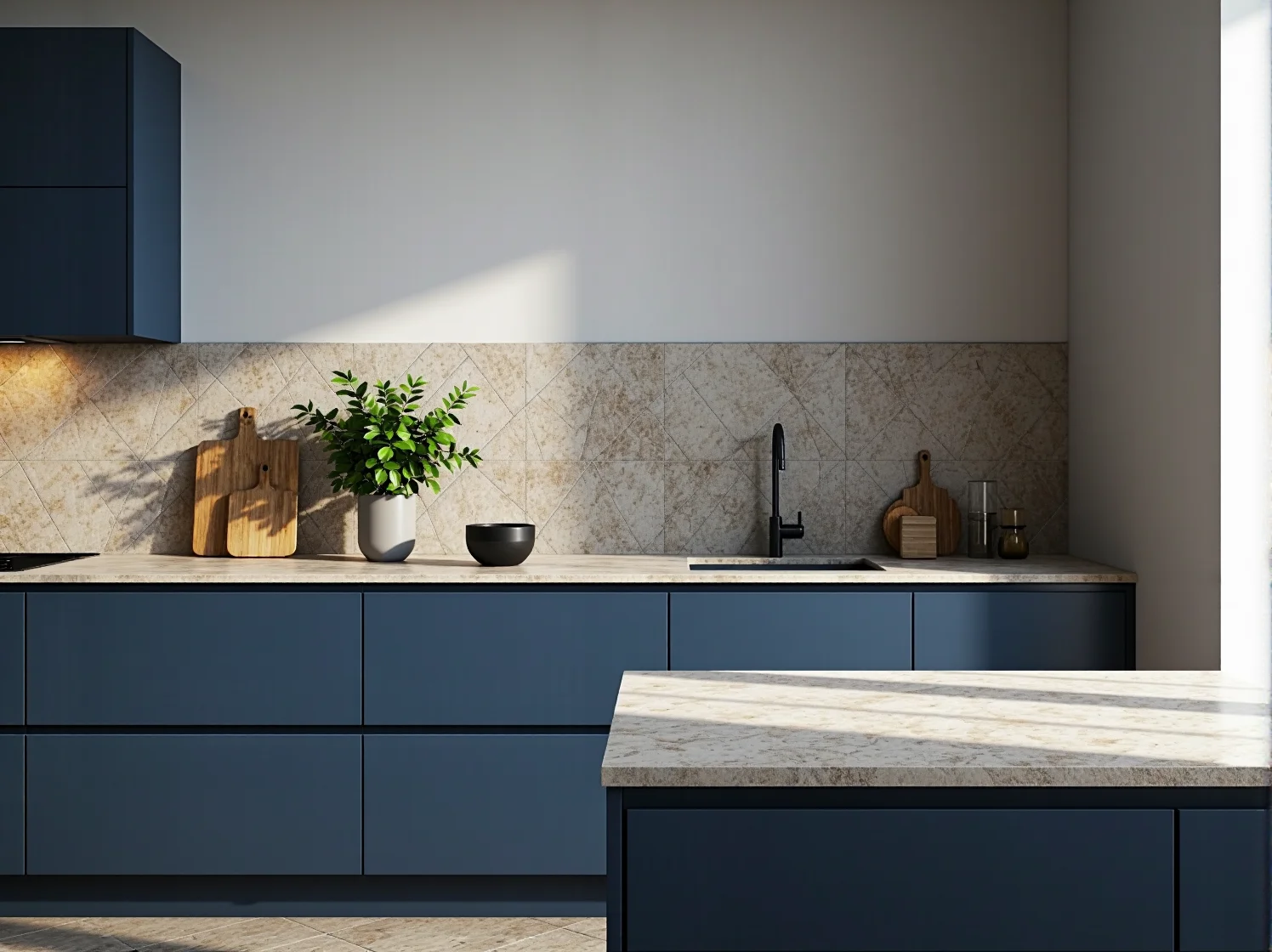 Modna kuchnia z matowymi frontami w kolorze szałwii i nowoczesnymi, ergonomicznymi rozwiązaniami.