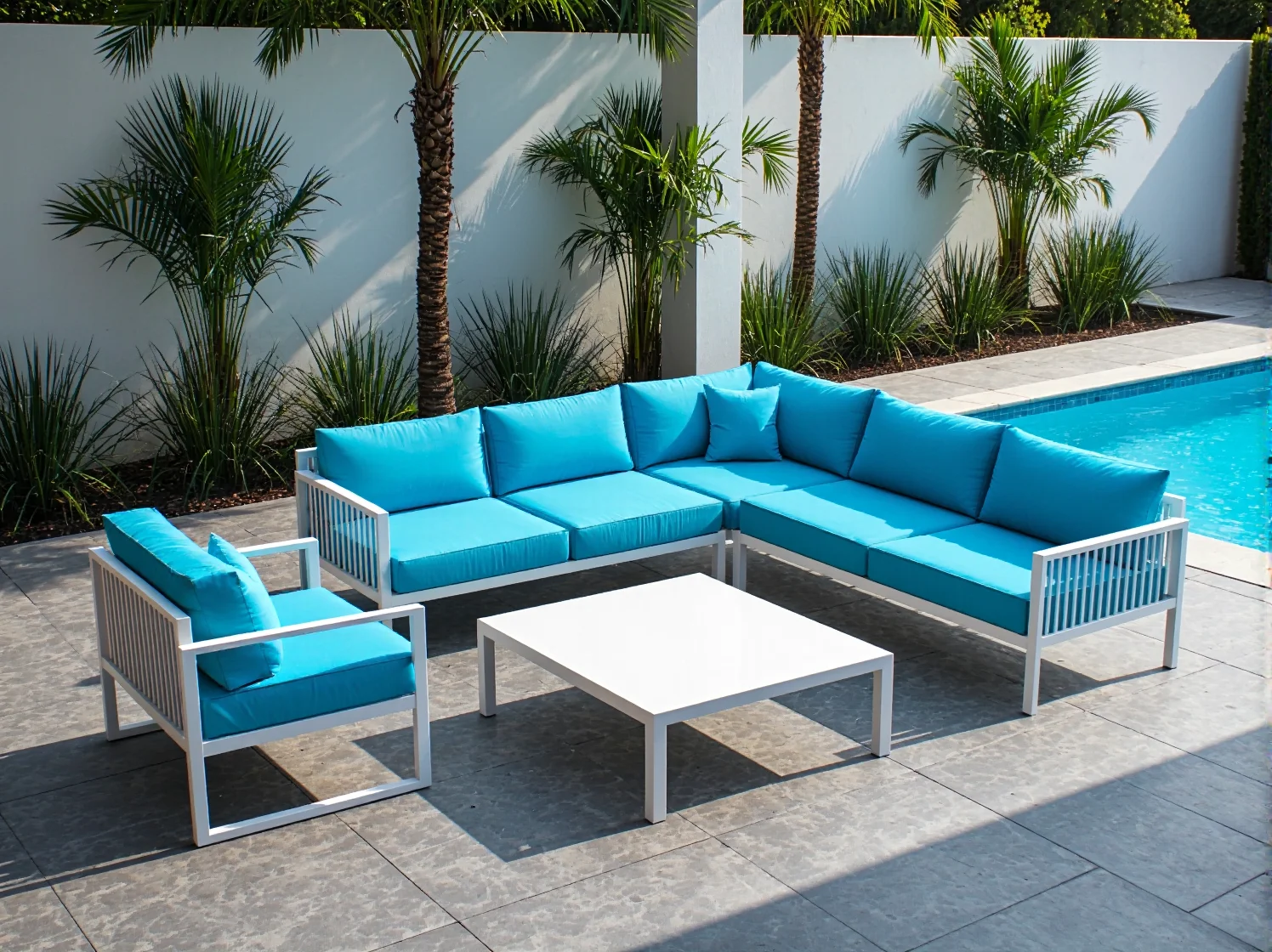 Modułowa sofa outdoorowa w luksusowej aranżacji przestrzeni wypoczynkowej.