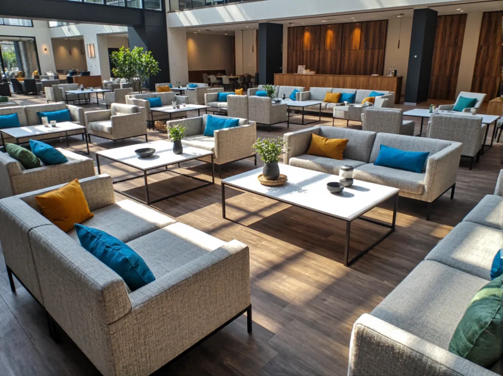 Modulowe meble hotelowe szare sofy i fotele ze stolikami kawowymi