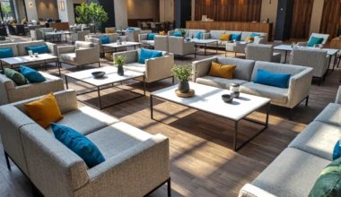 Modulowe meble hotelowe szare sofy i fotele ze stolikami kawowymi