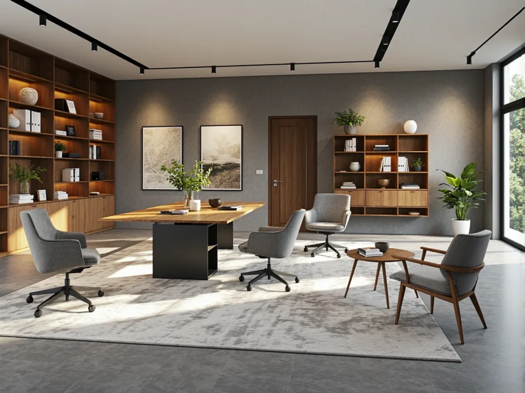 Stół konferencyjny dębowy z czarną metalową nogą centralną