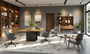 Stół konferencyjny dębowy z czarną metalową nogą centralną