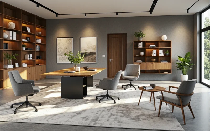 Stół konferencyjny dębowy z czarną metalową nogą centralną