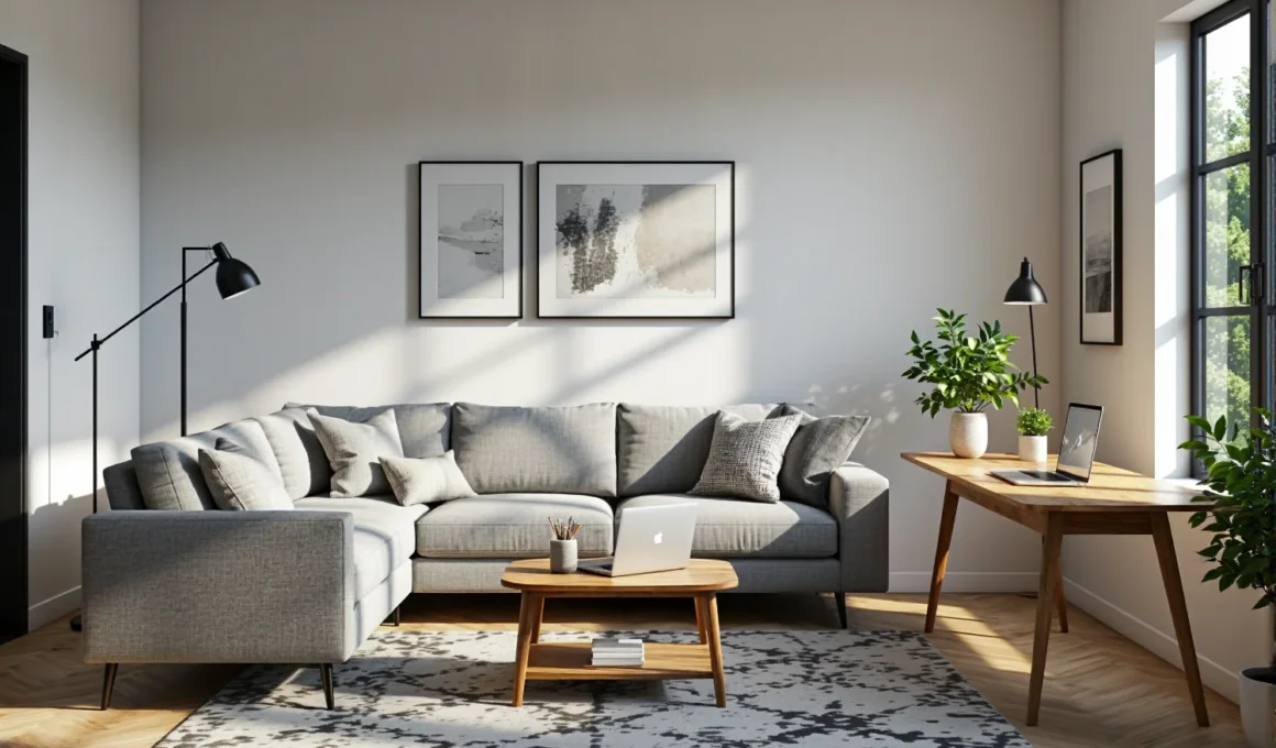 Szary narożnik tapicerowany z poduszkami na drewnianych nóżkach