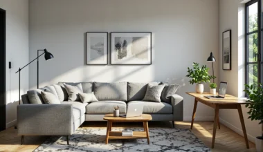 Szary narożnik tapicerowany z poduszkami na drewnianych nóżkach