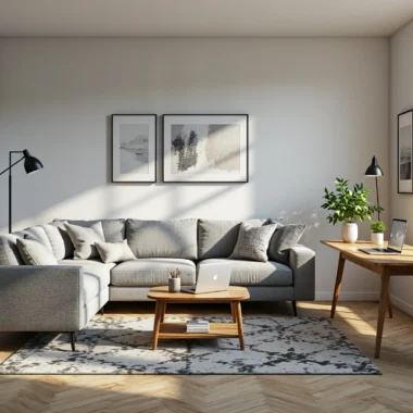 Szary narożnik tapicerowany z poduszkami na drewnianych nóżkach