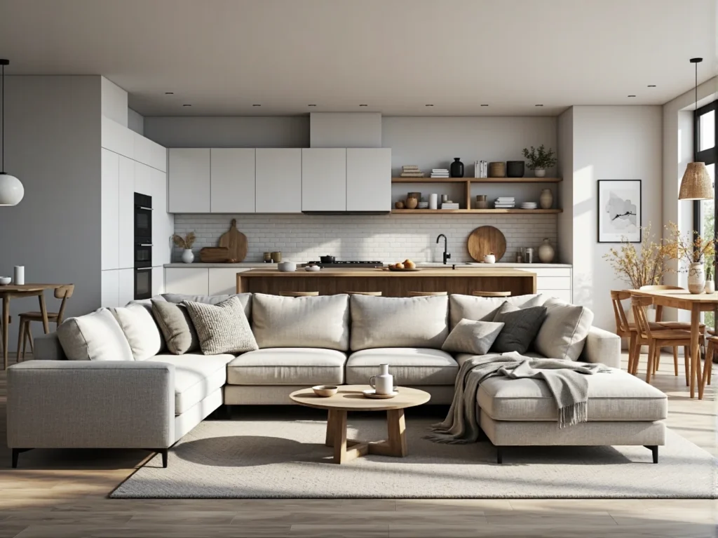 Narożnik tapicerowany beżowy z szezlongiem i poduszkami dekoracyjnymi