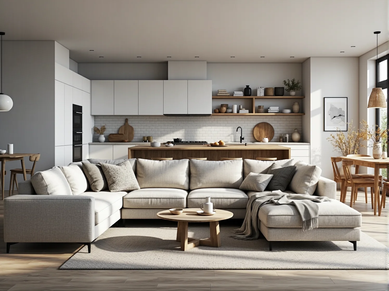 Narożnik tapicerowany beżowy z szezlongiem i poduszkami dekoracyjnymi