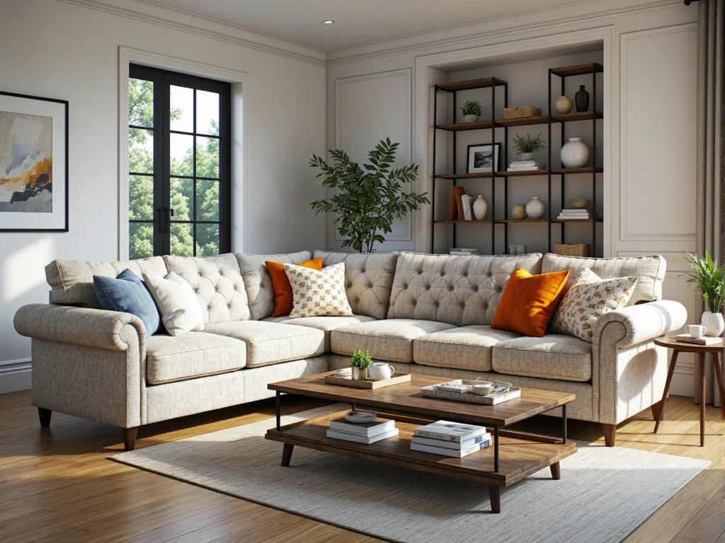 Narożnik w stylu vintage beżowy z pikowanym oparciem chesterfield