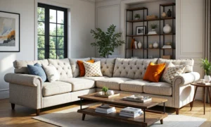 Narożnik w stylu vintage beżowy z pikowanym oparciem chesterfield