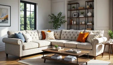 Narożnik w stylu vintage beżowy z pikowanym oparciem chesterfield