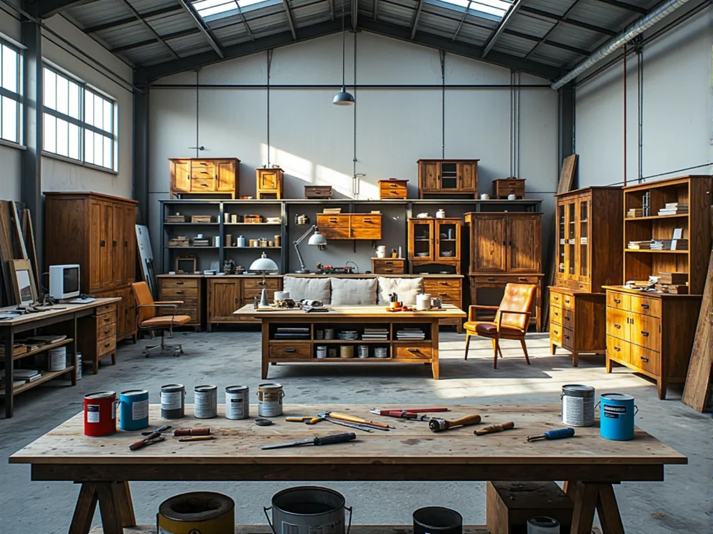 Zestaw narzędzi do renowacji drewna z puszkami farb i lakierów