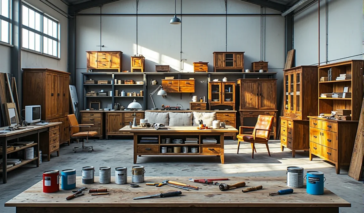 Zestaw narzędzi do renowacji drewna z puszkami farb i lakierów