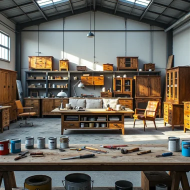 Zestaw narzędzi do renowacji drewna z puszkami farb i lakierów