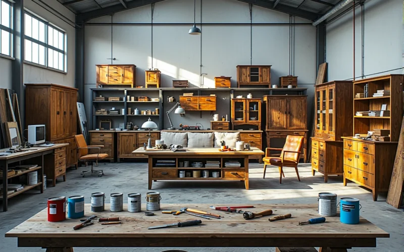 Zestaw narzędzi do renowacji drewna z puszkami farb i lakierów