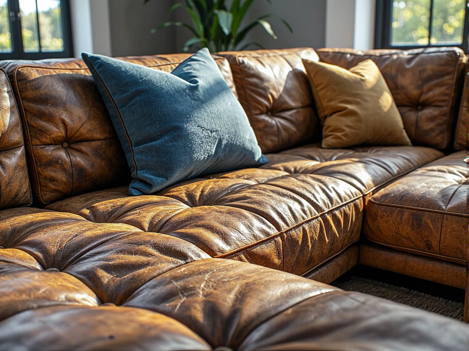 Niski stolik kawowy z bambusa w otoczeniu puf z trawy morskiej i lampionów.