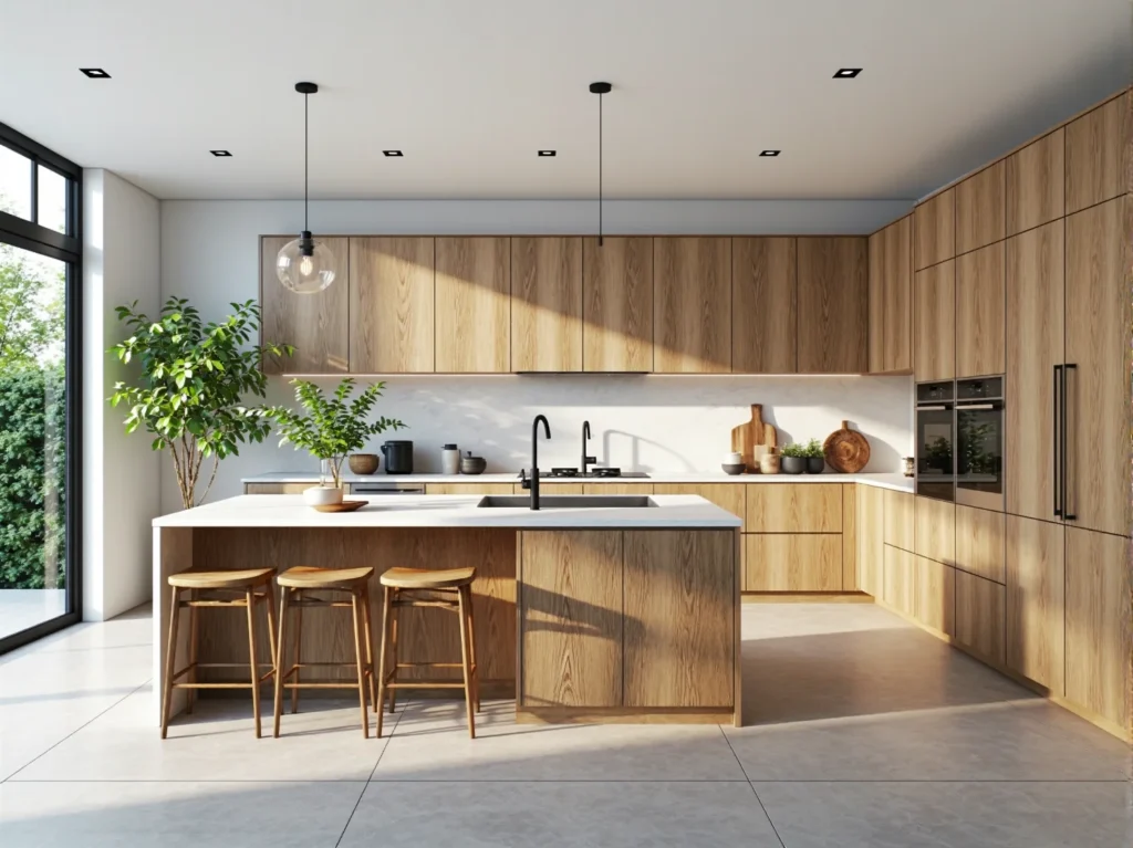 Zabudowa kuchenna dąb naturalny z wyspą i białym blatem