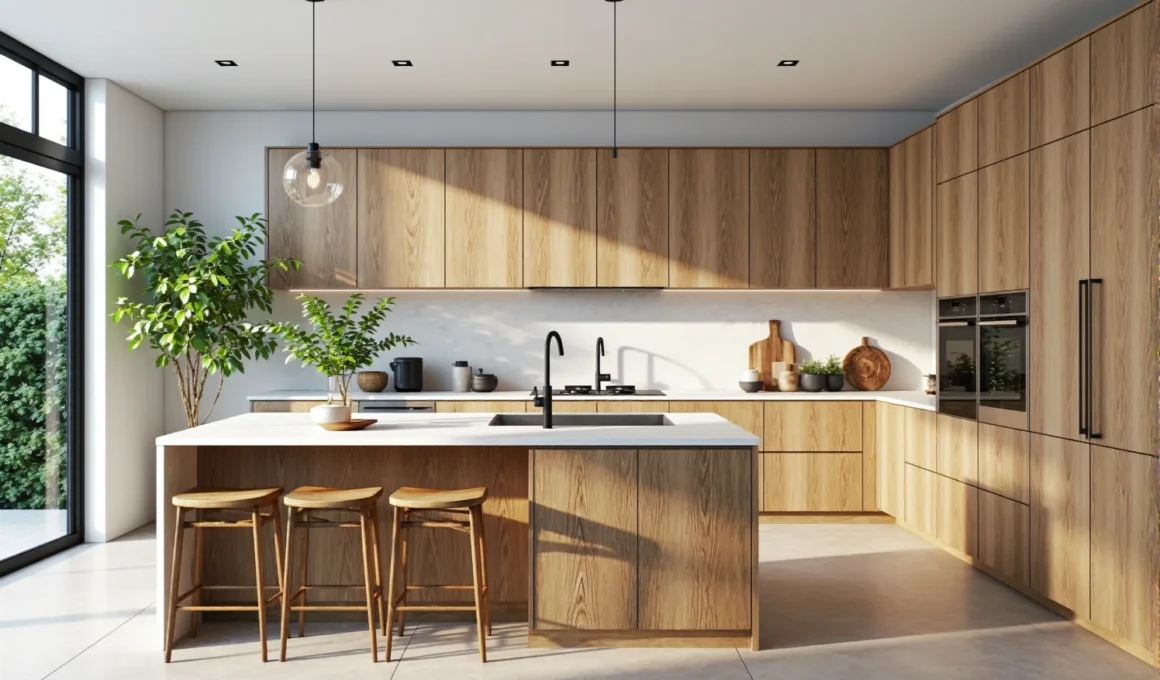 Zabudowa kuchenna dąb naturalny z wyspą i białym blatem