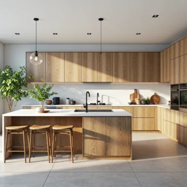 Zabudowa kuchenna dąb naturalny z wyspą i białym blatem