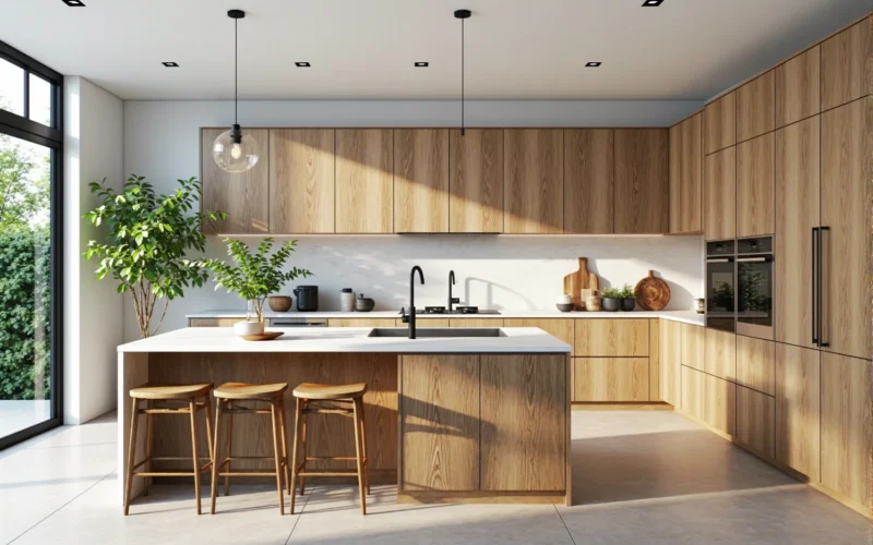 Zabudowa kuchenna dąb naturalny z wyspą i białym blatem