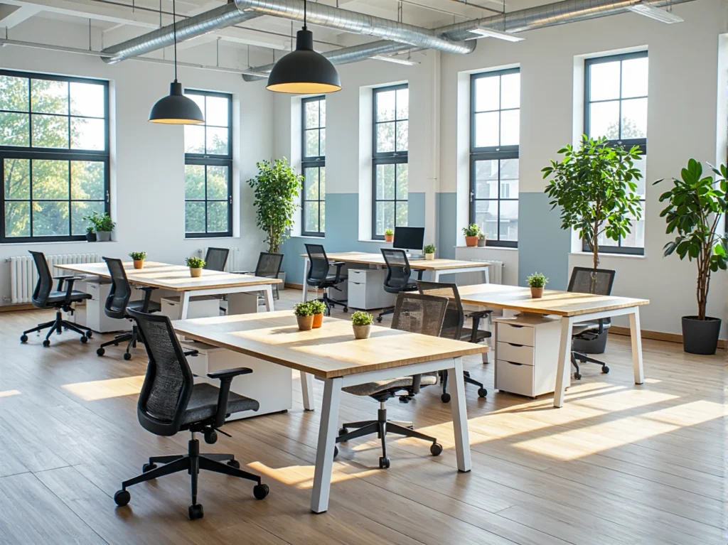 Biurko skandynawskie dąb naturalny z białymi nogami i szufladami