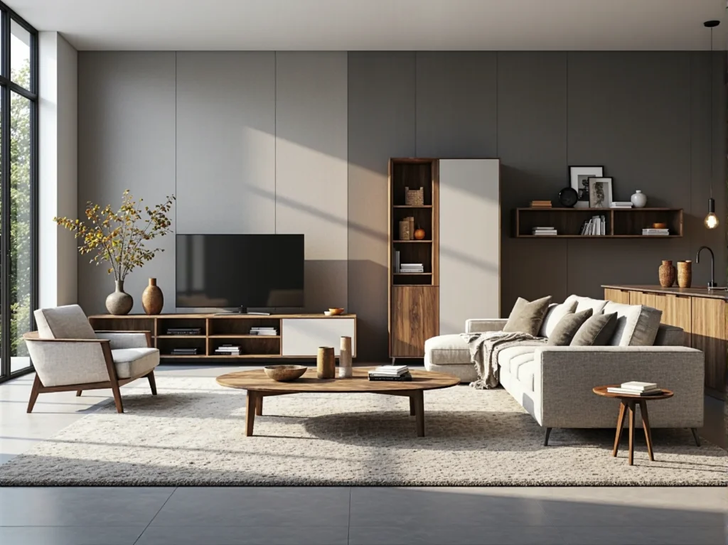 Nowoczesna szafka RTV orzech z otwartymi półkami i białymi drzwiczkami