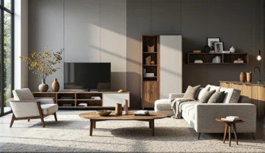 Nowoczesna szafka RTV orzech z otwartymi półkami i białymi drzwiczkami