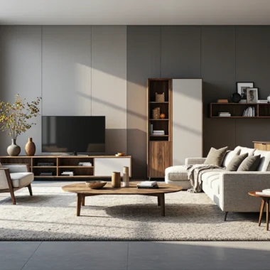 Nowoczesna szafka RTV orzech z otwartymi półkami i białymi drzwiczkami