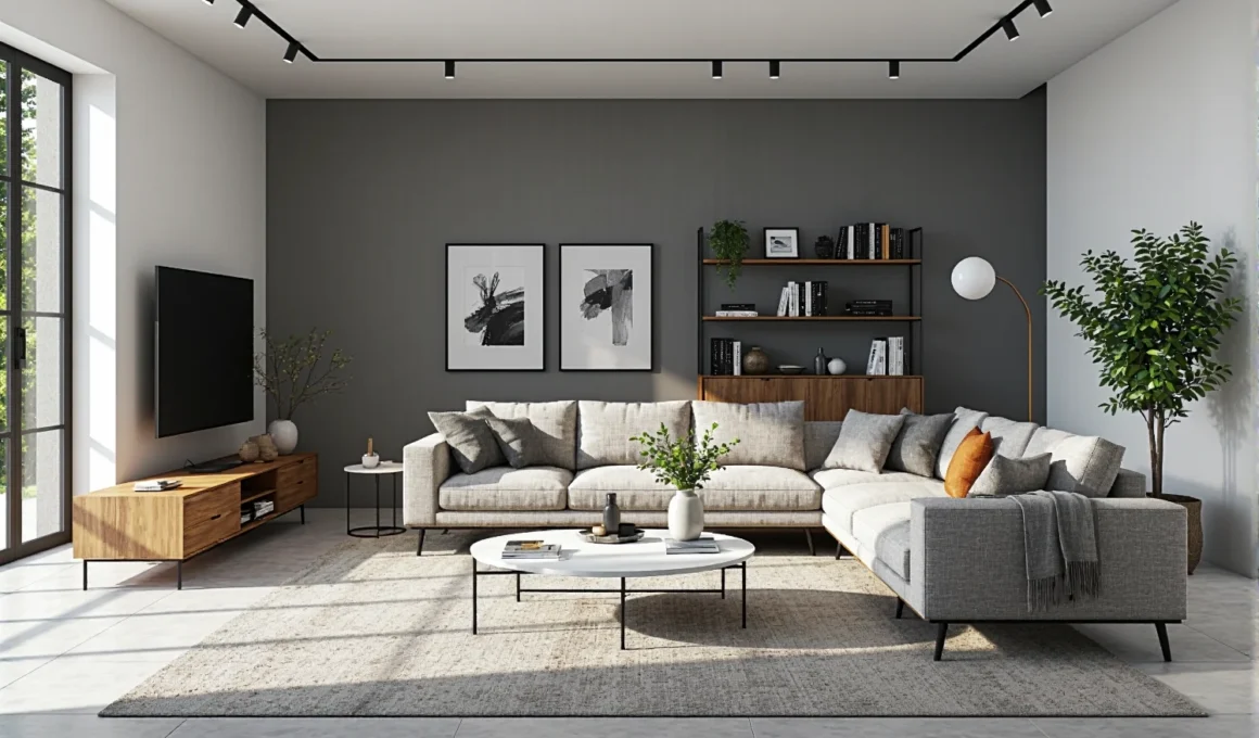 Narożna sofa szara z poduszkami i szafka RTV dąb naturalny